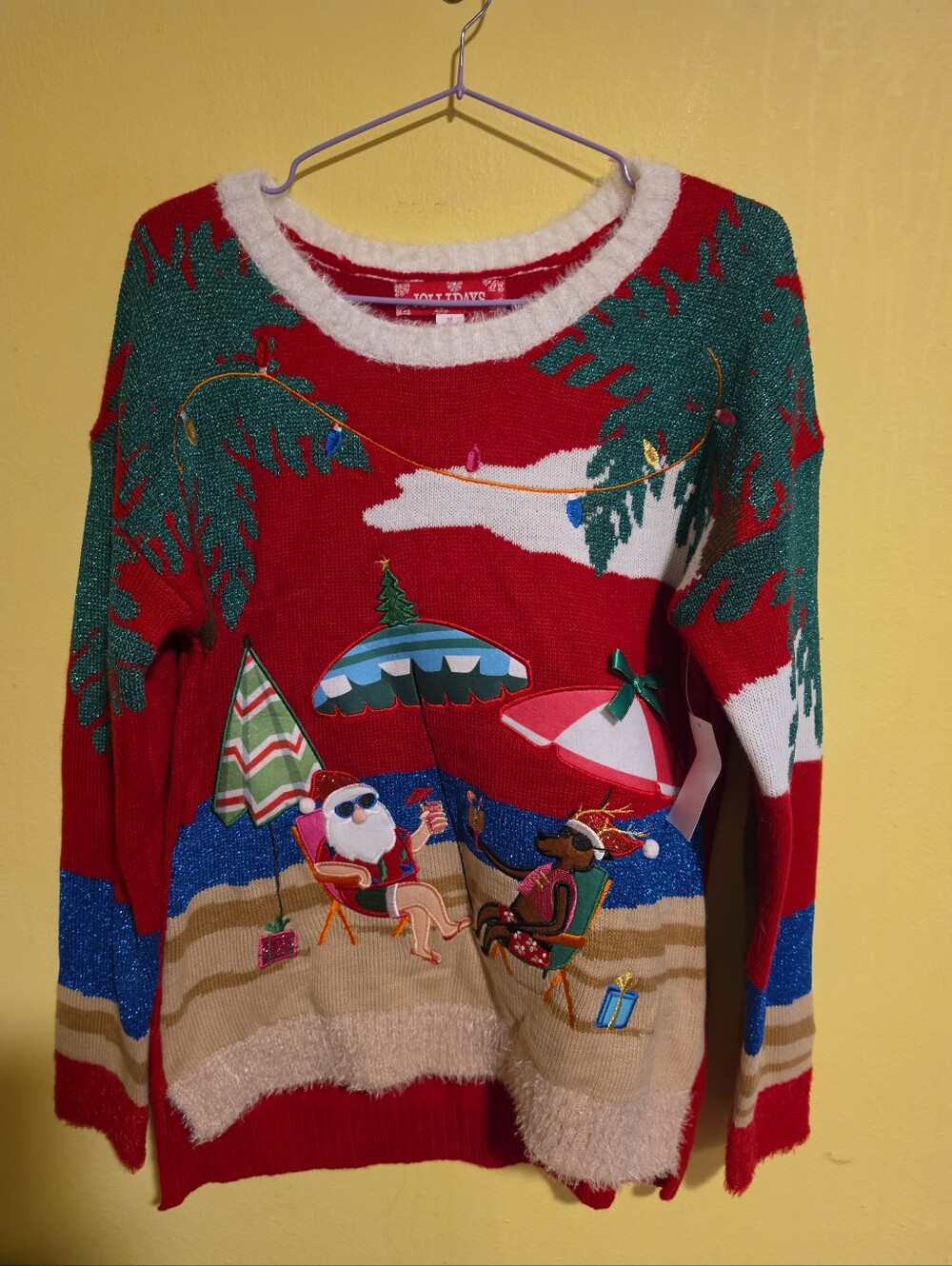 NWT Jollidays Juniors Size Medium Santa & Reindeer Beach Scene Christmas Sweater